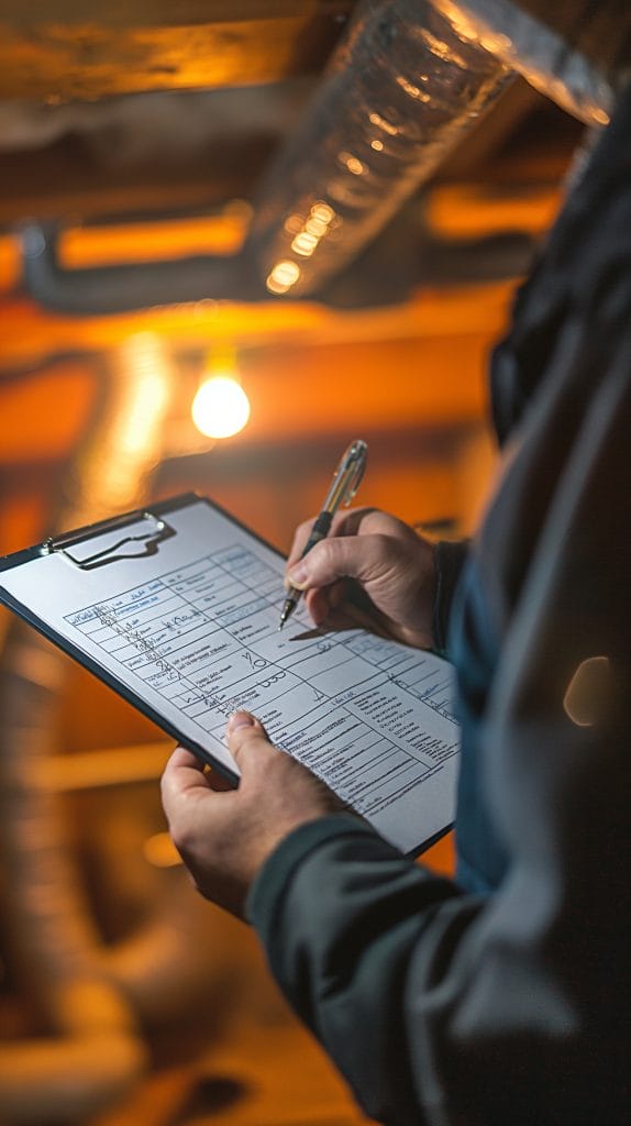 Inspector Filling Out Service Plan in Basement